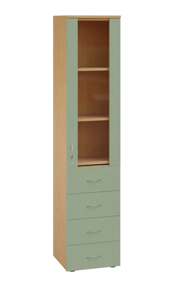 LE - 44 skříň léková prosklená, pravá, korpus javor horský, dvířka šedo-zelinkavá